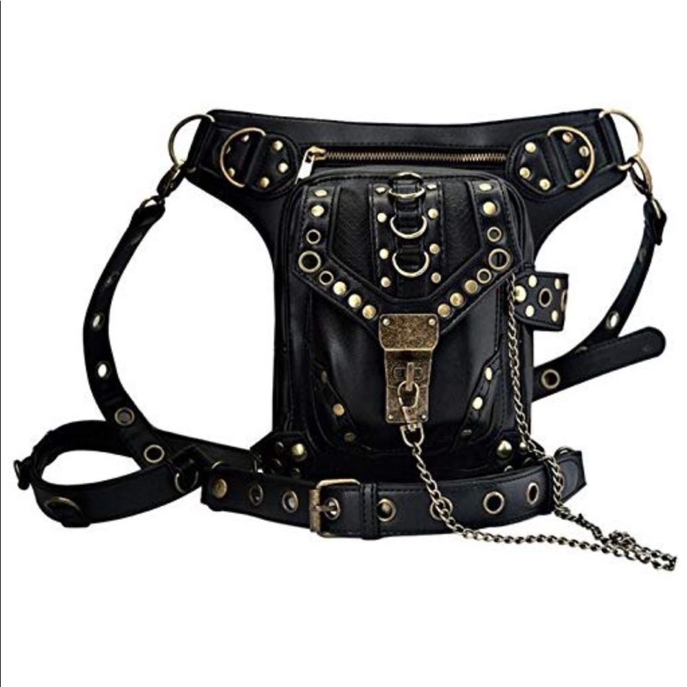 Black Leather Steampunk Shoulder Waist Bag